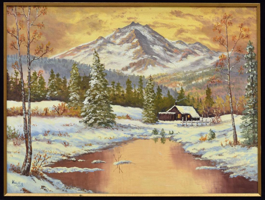 SIGNED PAINTING, CABIN IN SNOW, MOUNTAINS (1 of 5)