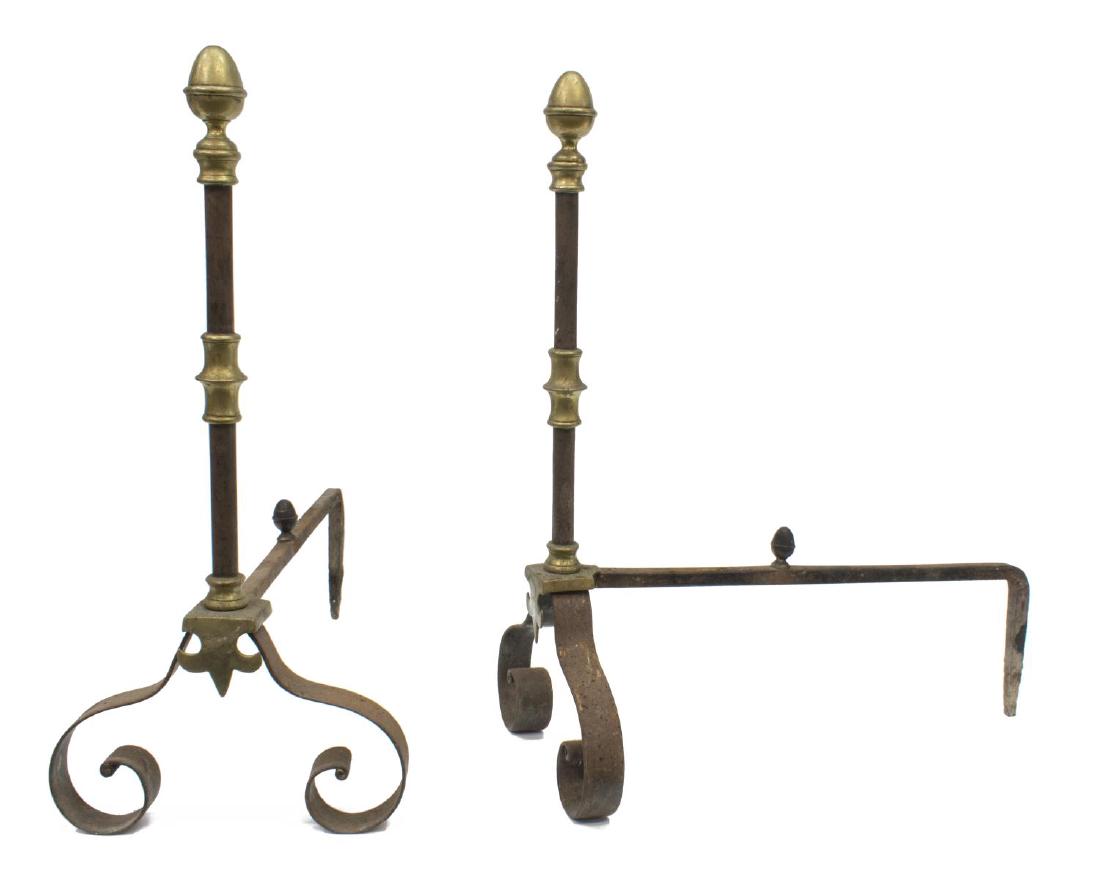 ANTIQUE FRENCH GILT METAL & IRON ANDIRONS: (pair) Antique French gilt metal and iron andirons, having acorn-like finialed top over cylindrical iron and gilt metal standard, scrolled base, oxidation, approx 24.5"h, 20"w, 20lbs (65) Start Price: