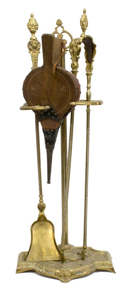 FRENCH BRASS FIREPLACE SET & ANTIQUE BELLOWS (1 of 2)
