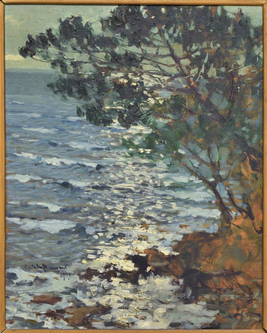ITALIAN 1923 SIGNED PAINTNG, "VERSO PORTOFINO": Framed oil painting on panel, "Verso Portofino" Water Landscape, dated 1923, illegibly signed lower left, titled dated and signed again on verso, tag of National Association of Artists, Florence, Ital