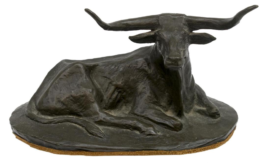 BOB COFFEE (TEXAS) BRONZE, RECLINED LONGHORN: Patinated bronze sculpture, "Longhorn", signed Bob Coffee (Texas, 20thc.), dated 1970, further signed, titled and numbered 12/25 on leather base, 3.25"h, 5.25"l, 3"w, 1.25lb **Provenance: The living e
