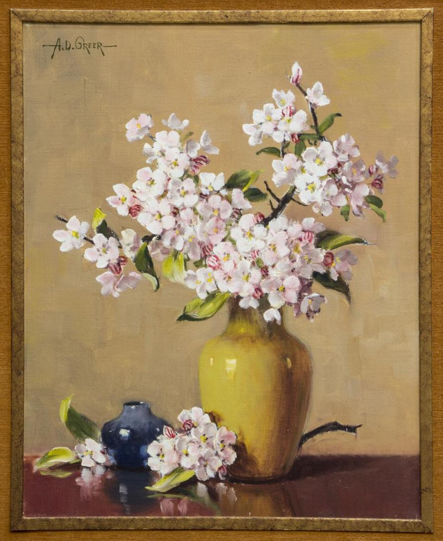 A.D. GREER (1904-1998) FLOWERS IN A VASE PAINTING: Framed oil painting on canvas, Flower in a Vase, signed upper left A.D. Greer (Texas, 1904-1998), Austin gallery tag at verso, sight: 19.75"h, 15.75"w, overall: 28.25"h, 24.25"w, 4.75lbs **Provenance: