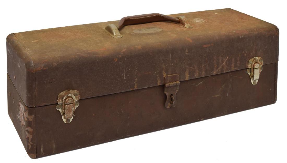 VINTAGE FISHING TACKLE, BOX, 1904 PAT. DATE REEL: Vintage metal fishing tackle box, a large quantity of tackle including more than 30 lures including wood lures with glass eyes, lures in original boxes, Langley casting reel, Beachcomber Model 1 Airex