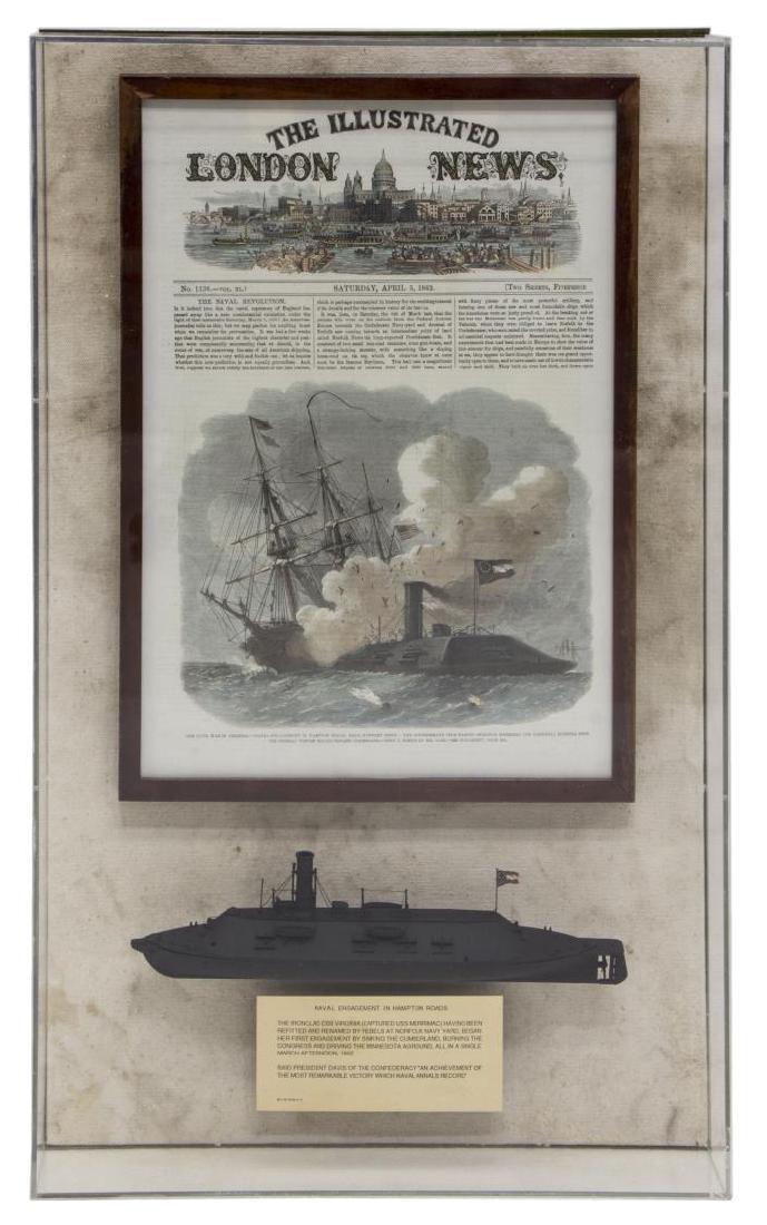 1862 CIVIL WAR ILLUSTRATION & MODEL IRON CLAD SHIP: Acrylic shadow box framing the cover page of "The Illustrated London News", April 5, 1862, showing a color illustration, based on a sketch by Thomas Nast (German, American, 1840-1902), of the U.S. Civ