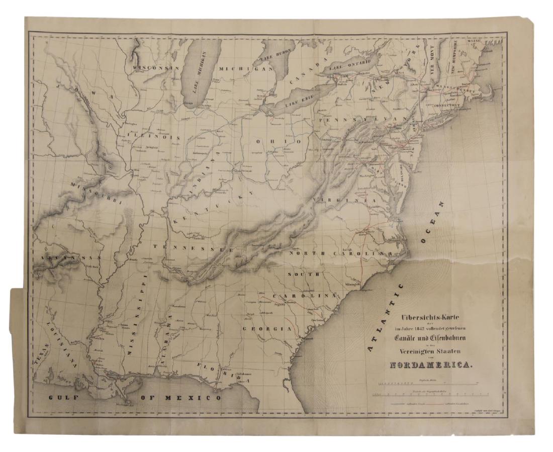 1845 MAP OF NORTH AMERICA, CARLO GHEGA, AUSTRIA: Austria-Hungarian of North America, 1845, "Uibersichts-Karte der im jahre 1842 vollendet gevefenen Canale und Gifenbahnen in dem Vireinigten Staaten von Nordamerica", by Carlo Ritter von Ghega (Austri