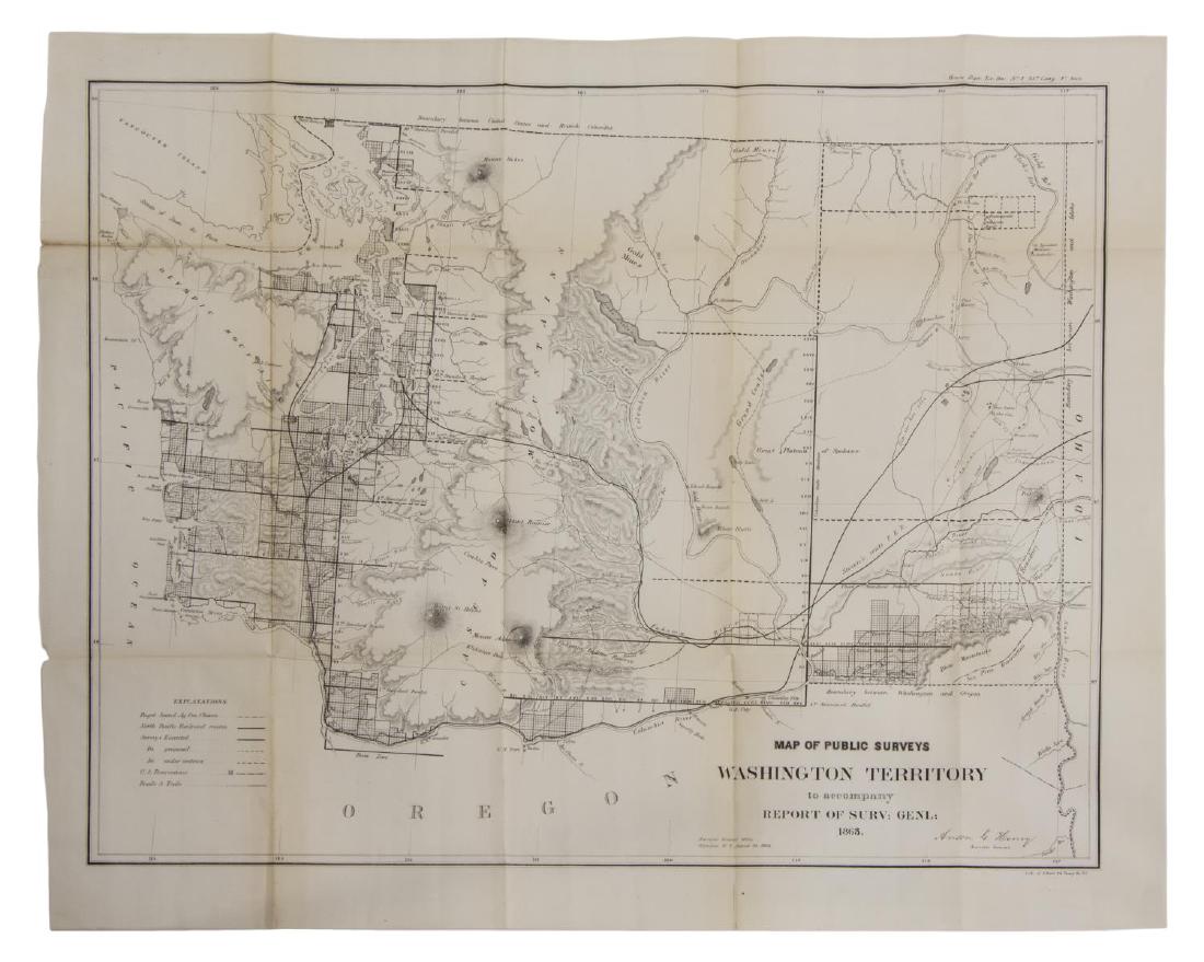 U.S. MAP WASHINGTON TERRITORY, ANSON HENRY, 1863: "Map of Public Surveys, Washington Territory to accompany Report of Surv: Genl: 1863, Anson G. Henry, Surveyor General, Lith of J. Bien 24 Vesey St, NY", showing positions of Mt. Baker, Gold Mines, Ol
