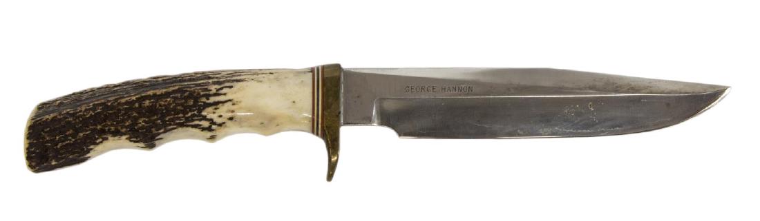 RANDALL MADE HUNTING KNIFE & SHEATH: Randall Made, Orlando, Florida fixed blade knife, 6" blade, leather sheath marked Randall Made, never sharpened, George Hannon name engraved at one side of blade, knife overall 10.5"l **Provenance: Th