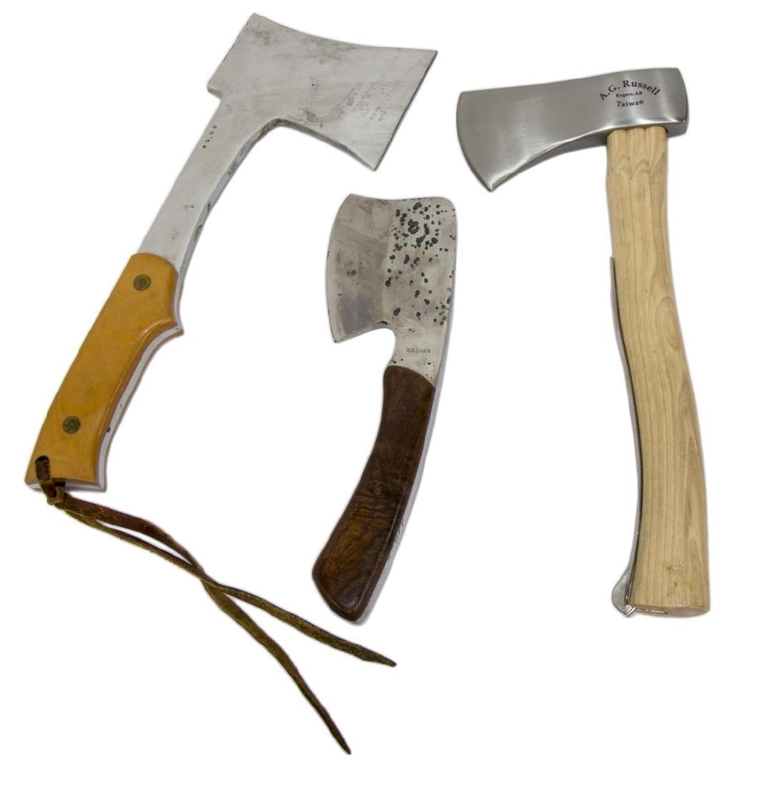 (3) HATCHETS, RALPH BONE, A.G. RUSSELL, SULLIVAN: (lot of 3) Small hatchets: (1) hatchet, Ralph Bone Knife Company, Lubbock, Texas, 11.25"l, numbered 80.05; (1) Sullivan Knife Company, hatchet, 8.25"; leather case; (1) A.G. Russell Pocket Safety Axe,