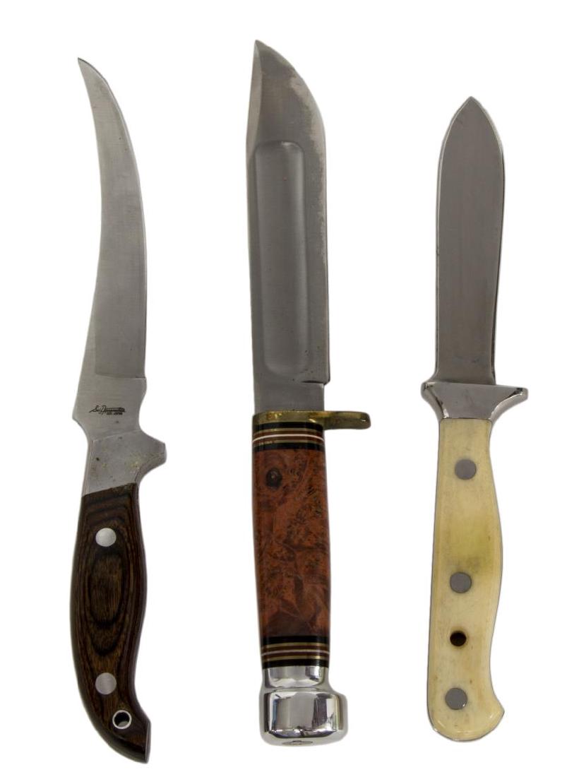 (3) FIXED BLADE KNIVES, BOKER MARBLES, LAKOTA: (lot of 3) Fixed blade knives with leather sheaths: (1) Marbles, 6" blade, overall: 10.25", Marbles sheath; (1) Lakota Fish Hawk, Knematsu, Japan, 6" blade, wood handle, Lakota sheath; (1) Boker #015,