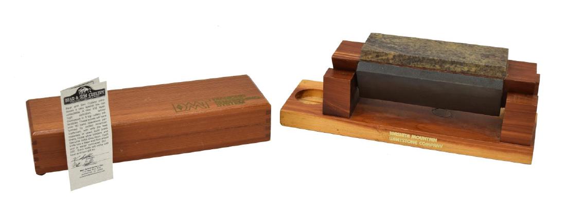 (2) DMT & RUKO KNIFE SHARPENING SYSTEMS: (lot of 2) Knife sharpening tools: (1) DMT Diamond Sharpening System housed in original wood box, 1.75"h, 9.5"w, 3"d; (1) Ruko three stone knife honing block, overall: 4"h, 10"w, 3.5"d, total: 3.75lbs
