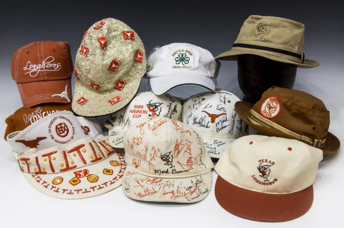TEXAS LONGHORNS CAPS SIGNED, ROYAL, BROWN, SPEITH: (lot of 12) Texas Longhorns caps of various styles, three with multiple autographs including one cap signed by Darrell Royal, Mack Brown, Tom Kite, Rick Barnes and others, another cap signed by Darrel