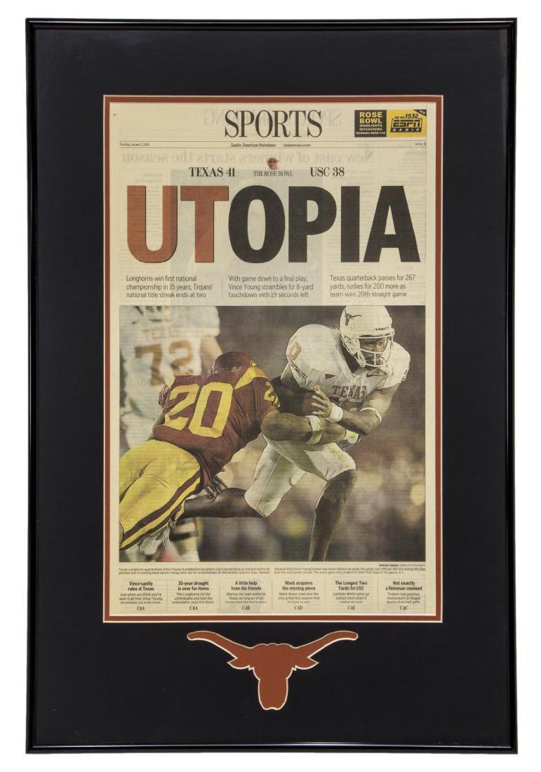 FRAMED NEWSPAPER LONGHORNS NATIONAL CHAMPIONSHIP: Framed newspaper, front of sports page of Austin American Statesman, January 5, 2006, article regarding UT Longhorns first national championship win in 35 years, in custom Longhorns matte, 27.25"h, 18