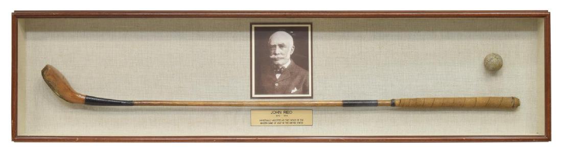 FRAMED JOHN REID (1840-1916) WOOD SHAFT GOLF CLUB: Shadow box frame, with wooden shaft golf club, head stamped "J. Reid," presented with golf ball, brass commemorative plaque and photo of John Reid (Scotland, 1840-1916), approx 12.25"h, 49.25"w, 3"d,
