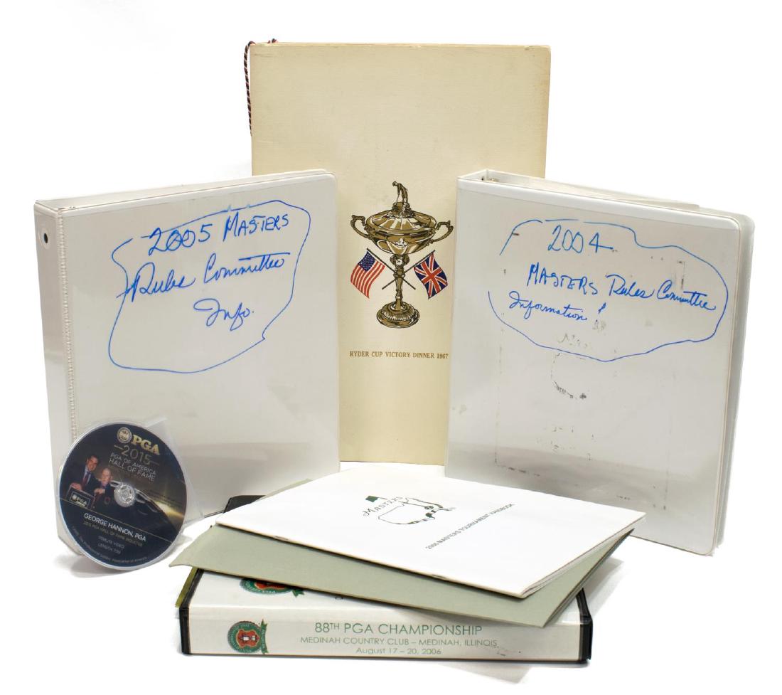 LOT OF PGA, MASTERS GOLF MEMORABILIA & EPHEMERA: (lot) Golf memorabilia and ephemera, including: (2) menus from the Ryder Cup Victory Dinner, 1967, retain ribbons, marks and liquid stains, 16"h, 10.5"w; (1) binder with Masters Rules Committee Inform