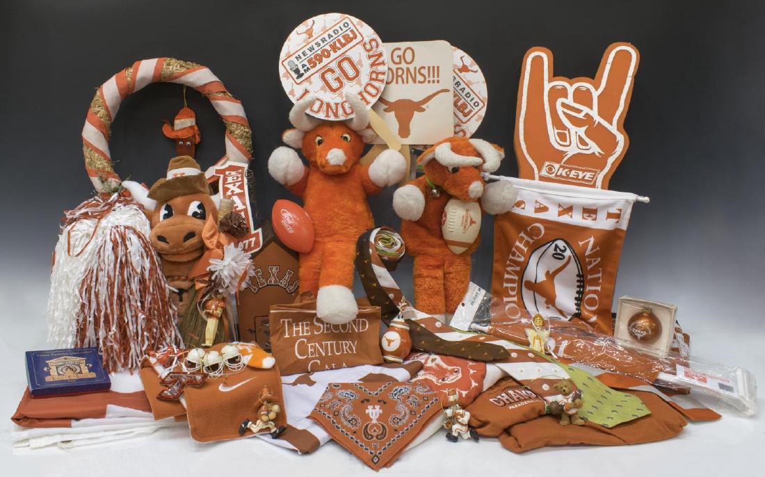 COLLECTION OF UNIVERSITY OF TEXAS MEMORIBILLIA: (lot) University of Texas accessories and memoribillia, highlights include: Christmas ornaments, flags, quilted lap blanket, shirts, ties, vintage Bevo puppets, etc., 13lbs total **Provenance: The liv