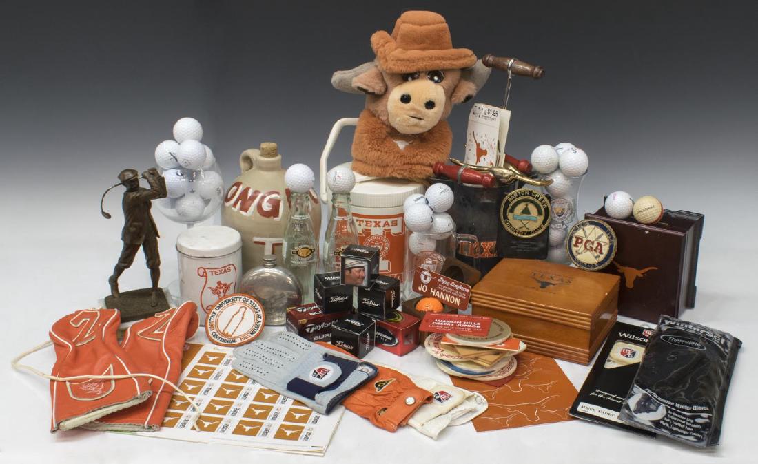 (lot) UNIVERSITY OF TEXAS GOLF TEAM MEMORIBILLIA: (lot) University of Texas golf team accessories and memoribillia, highlights include: two leather golf club covers with UT golf club logo, plush Bevo golf club cover, gloves, golf balls, patches and p