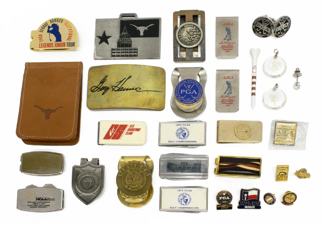 (LOT) GROUP OF GOLF, PGA TOURNAMENT MEMORABILIA: (lot) Golf memorabilia, highlights including: (1) brass belt buckle, stamped with George Hannon's signature, 2"h, 3.5"w; (1) Coach Hannon name badge from the Hannon Cup Association, 2.25"h, 3"w; (1) l
