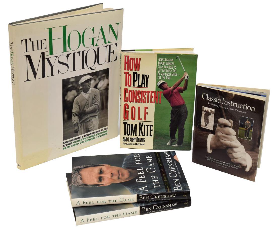 (5) SIGNED (KITE, CRENSHAW) COACH HANNON GOLF BOOK: (lot of 5) Signed books, all related to golf, including: (1) "How to Play Consistent Golf," Tom Kite (b. 1949), Simon & Schuster, 1990, autographed with long written sentiment to Coach and Jo Hannon, 