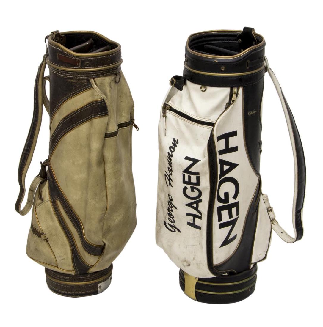 (2) GOLF CLUB BAGS, MacGREGOR, HAGEN: (lot of 2) Golf club bags: (1) MacGregor; (1) Walter Hagen marked George Hannon **Provenance: The living estate of Coach George Hannon (Kemp, Texas, b. 1924) and Mrs. Hannon. Mr. Hannon was the golf c