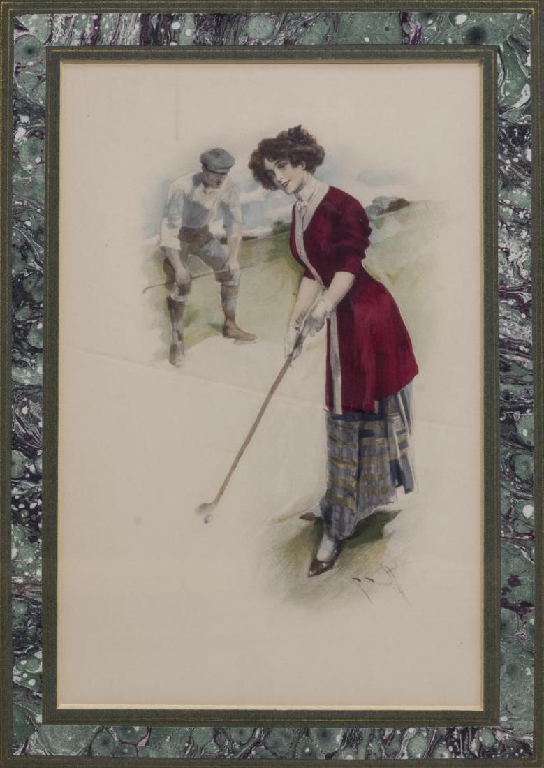 RICHARD PANNETT WATERCOLOR GOUACHE, LADY GOLFER: Framed watercolor and gouache on paper, Lady Golfer, signed R. Pannett (Richard Pannett, 19th/20thc.), sight: 10.25"h, 6.75"w, overall: 17.75"h, 13.75"w, 2lbs **Provenance: The living estate of Coach 