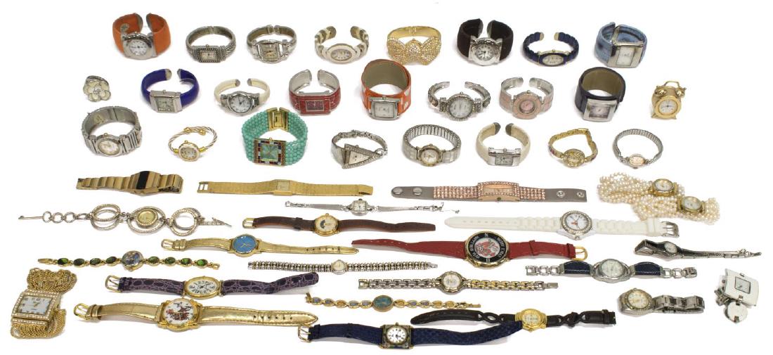 GROUP LADIES FASHION WATCHES, 14KT, UT & OTHERS: (lot) Collection ladies fashion watches, vintage and newer, various makers and designs, including (2) vintage Bulova watches, (one) with 14kt white gold case, (one) with 10kt R.G.P case, (1) Seiko wit