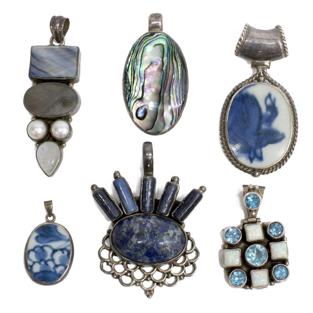(6) GROUP STERLING FRAMED STONE & OTHER PENDANTS: (lot of 6) Sterling pedants, set with various stones, abalone and porcelain shards, largest: 2.25"l, 75.2 grams (inclusive of all material) **Provenance: The living estate of Coach George Hannon (Kemp