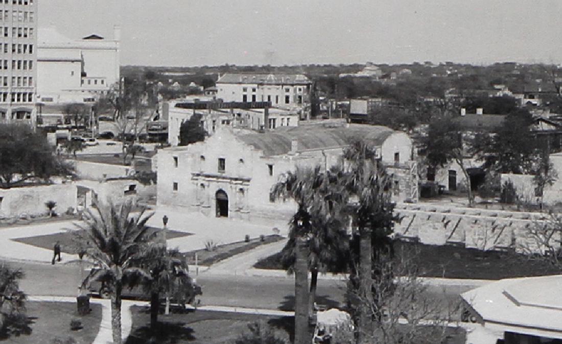 E.O. GOLDBECK (1892-1986), SIGNED ALAMO PHOTOGRAPH: Unframed early panoramic photographic print, "The Alamo Plaza", San Antonio, Texas, ink signed lower right, E.O. Goldbeck, (Eugene Omar Goldbeck, Texas, 1892-1986), overall: 10"h, 45.5"w *Provenance: 