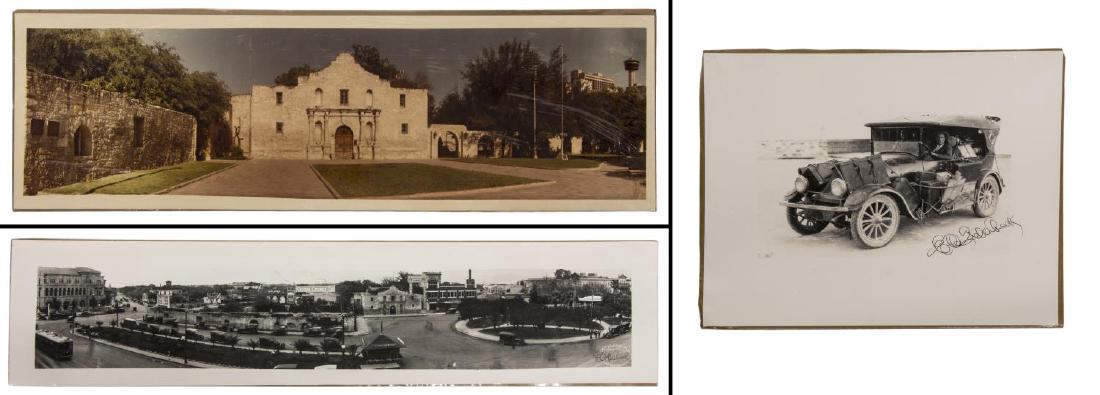 (3)E.O GOLDBECK(1892-1986) SIGNED 1918 ALAMO PLAZA: (lot of 3) Unframed 1918 panoramic photographic print, "The Alamo Plaza", San Antonio, Texas, ink signed lower right, E.O. Goldbeck, (Eugene Omar Goldbeck, Texas, 1892-1986); (1) color panoramic print