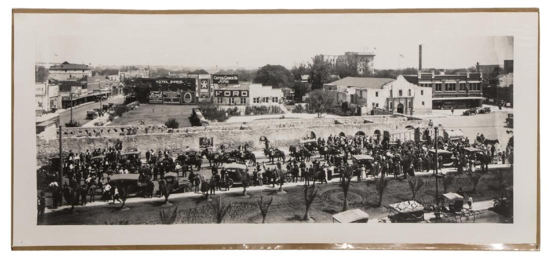 E.O. GOLDBECK (1892-1986), SIGNED ALAMO PHOTOGRAPH: Unframed 1919 panoramic photographic print, "20 Mule Borax Team at the Alamo", San Antonio, Texas, ink signed lower right, E.O. Goldbeck, (Eugene Omar Goldbeck, Texas, 1892-1986), overall: 10"h, 21.75