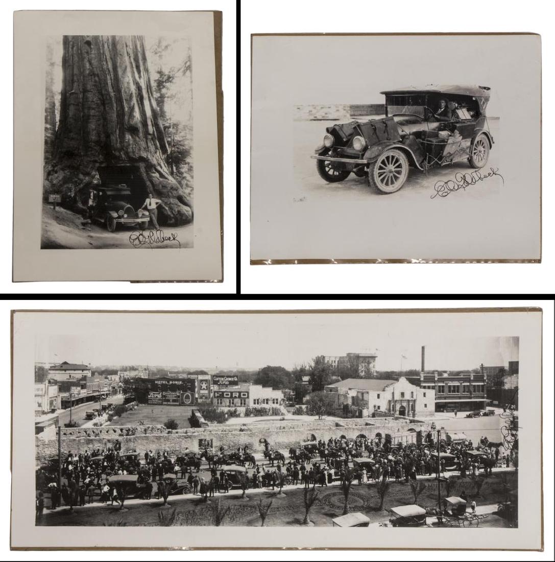 (3) E.O. GOLDBECK (1892-1986), ALAMO, STUDIO CAR: (3) Unframed 1919 panoramic photographic print, "20 Mule Borax Team at the Alamo", San Antonio, Texas, unsigned (E.O. Goldbeck, (Eugene Omar Goldbeck, Texas, 1892-1986); (1) photo of Goldbeck and assi