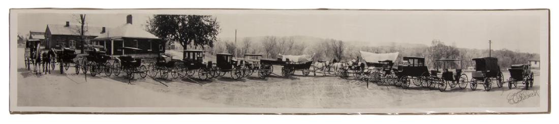 E.O. GOLDBECK (1892-1984) SIGNED, BUGGYS: Unframed panoramic photographic print, "Vehicles of By Gone Days", a sign stating one carriage carried Abraham Lincoln, ink signed lower right, E.O. Goldbeck, (Eugene Omar Goldbeck, Texas, 1892-1986),