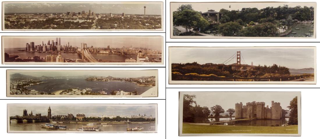 (7) E.O. GOLDBECK (1892-1986) U.S. & WORLD CITIES: (lot of 7) Eugene Omar Goldbeck (Texas, 1892-1986) unframed color panoramic photographic prints: (1) Bodiam Castle-Sussex, England, pictured 1981; (1) Golden Gate bridge, pictured 1981; (1) Japanese G