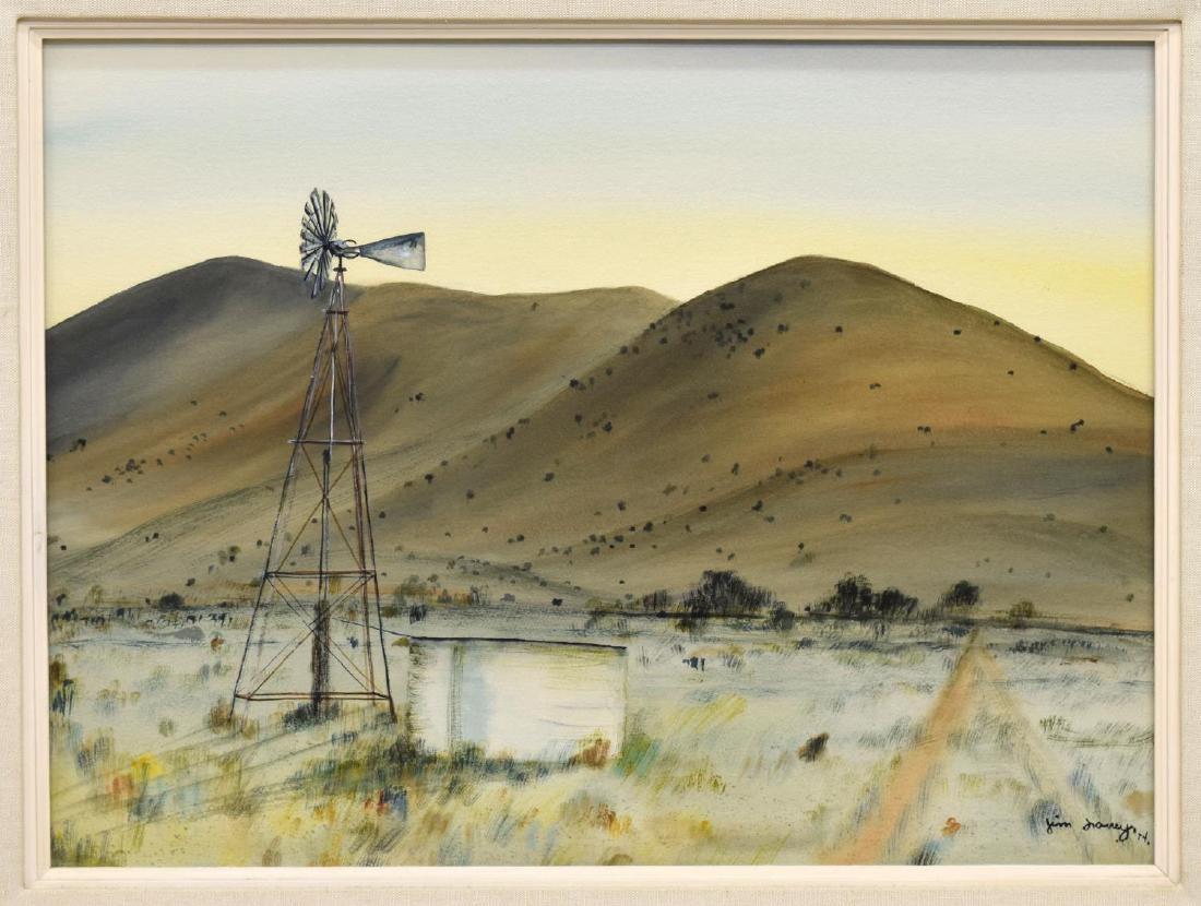 JIM LOWREY (NEW MEXICO, 20TH C.) WINDMILL & HILLS: Framed watercolor on art paper, New Mexico Hills & Windmill, signed, dated 1974 lower right Jim Lowrey (New Mexico, 20th c.) possibly influenced by the art of Peter Hurd, sight: 17.5"h, 23.25"w, overa
