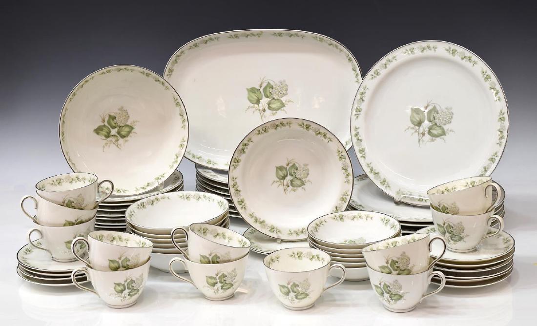 (59) KRAUTHEIM BAVARIA SUMMER BLOOM DINNER SERVICE: (set of 59) Franconia-Krautheim "Summer Bloom" porcelain dinner service, Selb Bavaria, Germany, including: (12) dinner plates, 10.5"diam; (10) salad plates, 7.5"diam; (2) bread plates, small silver lo