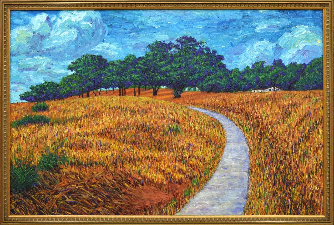 FRAMED PAINTING, JOHNSON CREEK VALLEY, OREGON: Framed oil painting on canvas, Johnson Creek Valley, titled, dated, signed at verso, Joseph Howell, 2/2/2002, sight: 19.15"h, 29.25"w, overall: 25.5"h, 35.5'w, 9lbs Start Price: $80.00
