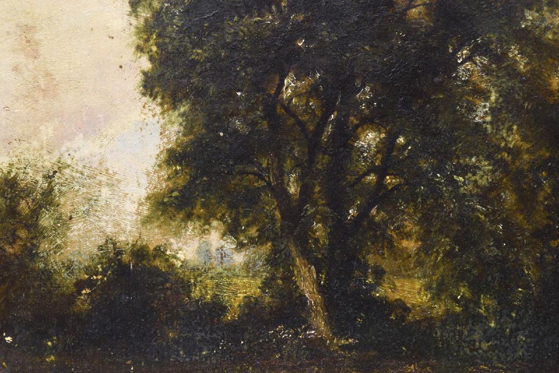 FRAMED, SIGNED ENGLISH LANDSCAPE OIL PAINTING: Framed oil painting on panel, "Hay Mill Vale", illegibly signed lower left, titled at the verso, framers tag "Henry J. Murcott, 6, Endell Street, Long Acre, London" at verso, some paint flaking, sight