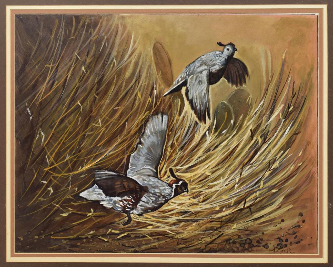 FRAMED SIGNED PAINTING ON BOARD, CALIFORNIA QUAIL: Framed painting on board, California Quail, illegibly signed lower right, sight: 15.25"h, 19.25"w, overall: 22.5"h, 26.5"w, 6.75lbs **Provenance: The living estate of Coach George Hannon (Kemp, Texas,