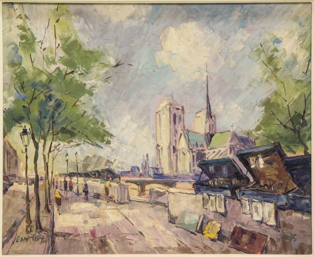 JEAN ODY PAINTING ON BOARD, "PARIS": Framed painting on masonite, "Paris", signed Jean Ody lower left, titled lower left, sight: 15"h, 19.25"w, overall: 22.25"h, 26"w, 5lbs **Provenance: The living estate of Coach George Hannon (Kemp, Te