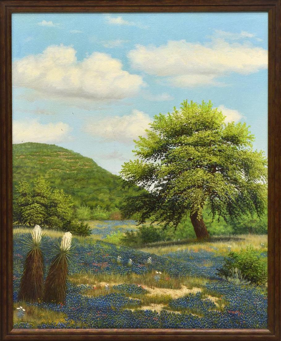 MANUEL GARZA (B. 1940) TEXAS BLUEBONNETS 30"x 24": Framed oil painting on canvas, Texas Bluebonnets, signed lower left Manuel Garza (Texas, b. 1940), sight: 29.25"h, 23.25"w, overall: 36.25"h, 30.25"w, 13lbs Start Price: $800.00