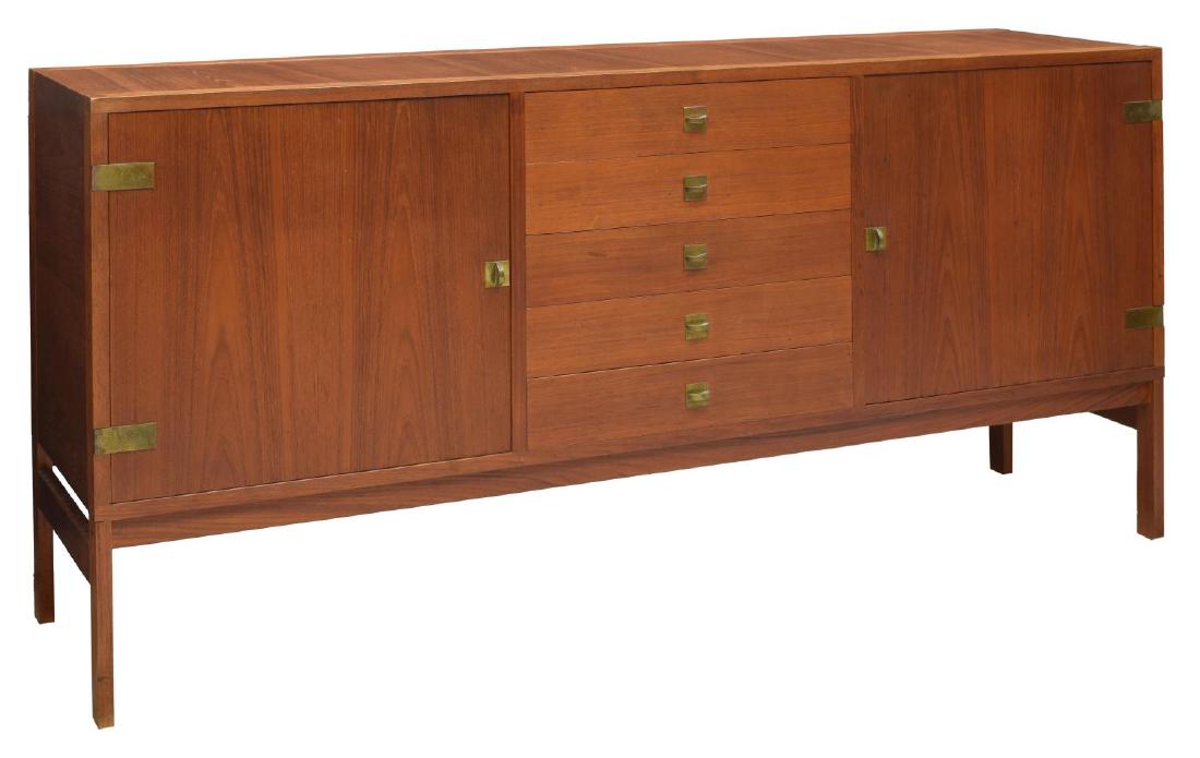 JAMES FRANCE & SON FINN JUHL DANISH MOD. SIDEBOARD: Danish mid-century modern teakwood sideboard, 1950's, design by Finn Juhl for James France & Son, rectangular with five central drawers flanked at each side by a single door opening to shelves and dra