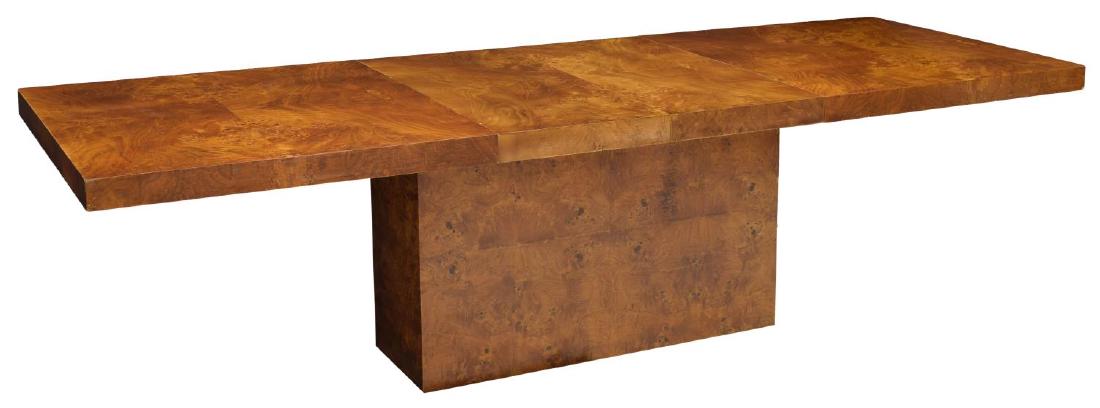 MILO BAUGHMAN THAYER COGGIN EXTENSION TABLE 107": Burl finish extension table by Milo Baughman for Thayer Coggin, 1960s, the rectangular top with two 18" leaves, storable within the rectangular base, opens to 107.5"w., without leaves: 29.5"h, 71.5"w,