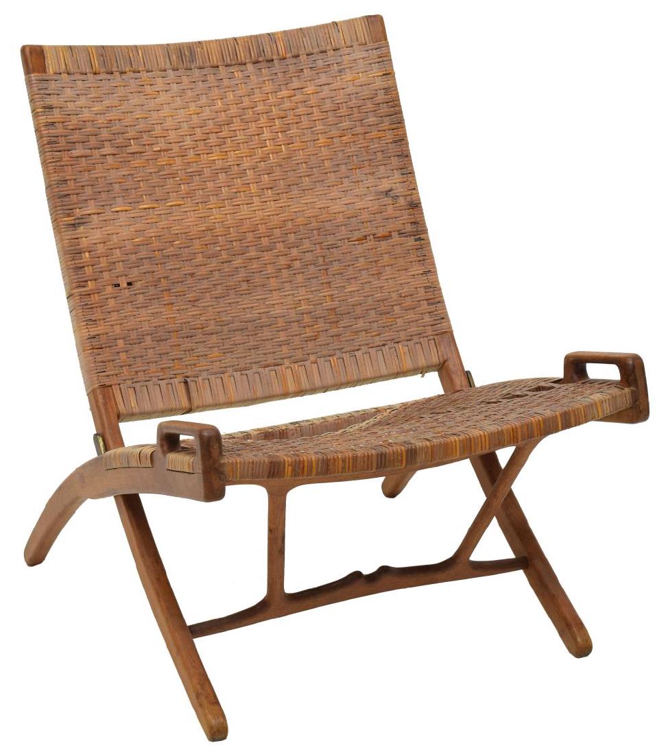 SIGNED JOHANNES HANSEN HANS WEGNER JH512 CHAIR: Danish mid-century modern folding chair, model JH512 design by Hans Wegner (Denmark, 1914-2007) for Johannes Hansen Furniture, the back and seat in original cane with some loss, branded at the undersi