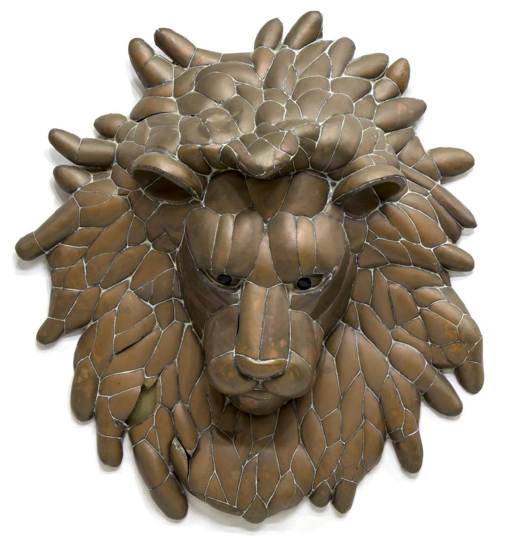 SERGIO BUSTAMANTE LION HEAD WALL SCULPTURE: Large lion head copper wall sculpture attributed to Sergio Bustamante (Mexico, 20th/21st c.), some loose copper segments, 36.25"h, 33"w, 11.75"d Start Price: $100.00