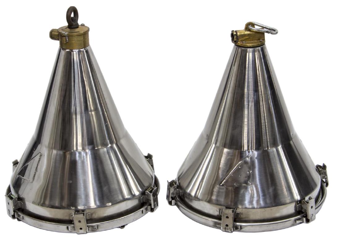 (2) VINTAGE INDUSTRIAL STEEL HANGING PENDANT LAMPS: (lot of 2) Vintage Industrial steel hanging pendant lamps, c. 1960's, a near pair of slightly varied size and form, conical form with glass shade cover, angled applique, iron loop handle, single light