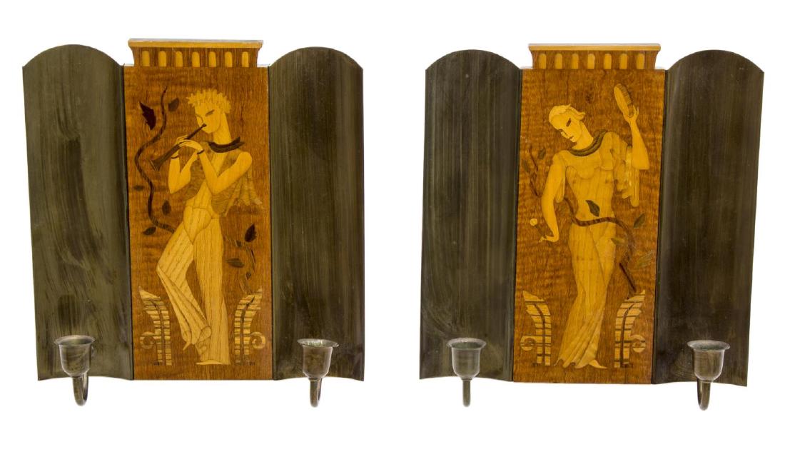2)MJOLBY INTARSIA FIGURAL MARQUETRY CANDLE SCONCES: pair) Swedish mid-century modern birch marquetry candle sconces, c. 1920/30's, design by Mjolby Intarsia, two metal arms and sides, flank inlaid figures with musical instruments, patination, each appr