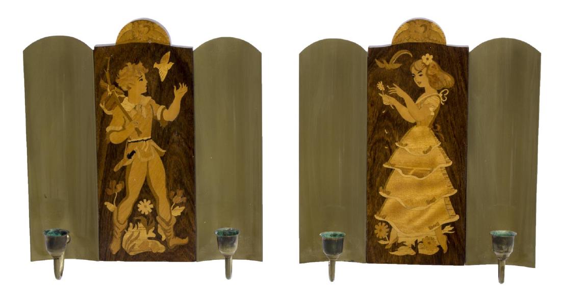 (2)MJOLBY INTARSIA FIGURAL MARQUETRY WALL SCONCES: (pair) Swedish birch marquetry two-light candle sconces, c. 1920's, design by Mjolby Intarsia, one with young lad, the other a young lady, both having two lights, socket rims not attached, approx 10"h