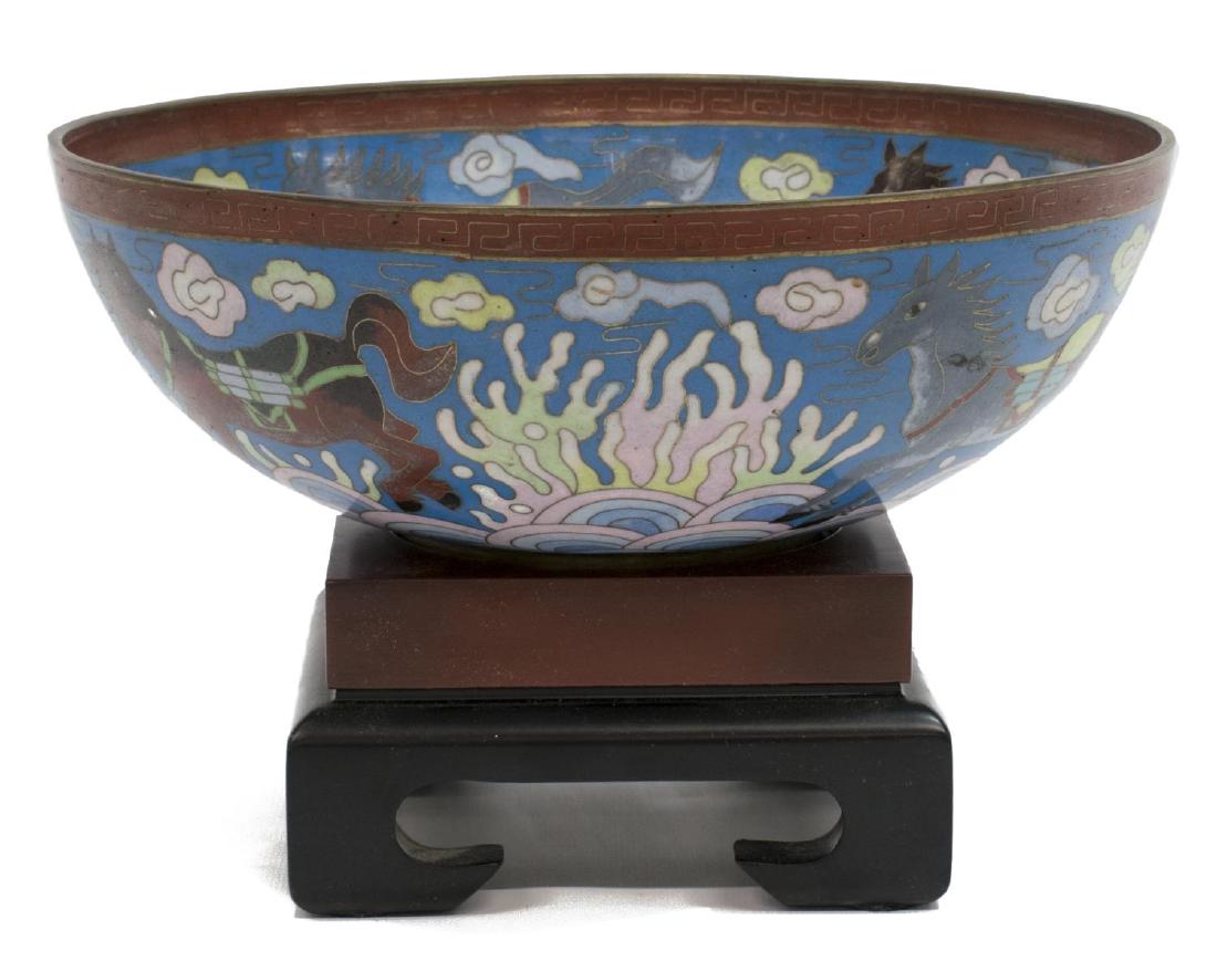 CHINESE CLOISONNE ENAMEL BOWL ON STAND, HORSES: Chinese cloisonne enamel bowl on hardwood stand, blue ground, with horses amongst clouds and waves, approx 6.75"h, 10.25"diam, 3.5lbs **Provenance: The living estate of Coach George Hannon (Kemp, Texa