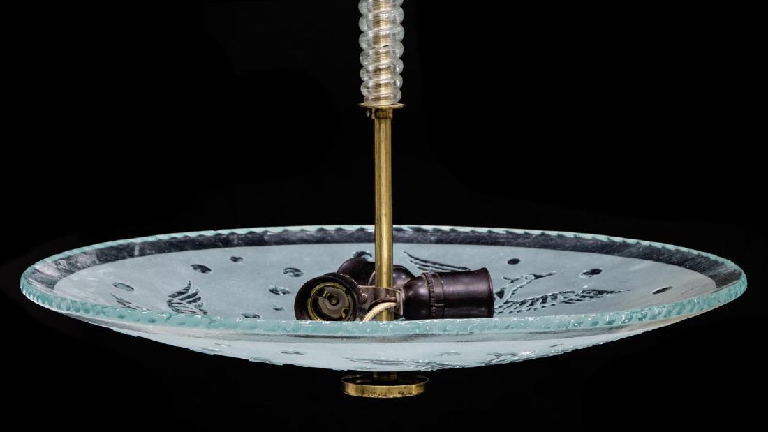 SWEDISH ETCHED & FROSTED GLASS PENDANT LIGHT: Pendant Light, Sweden, c. 1940, having brass fittings, with twisted glass-clad standard, pale blue-green glass bowl etched with phoenixes, enclosing three lights, approx 20"h, 19.25"w