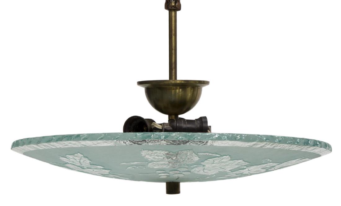 SWEDISH ETCHED GLASS GRAPEVINE BOWL PENDANT LIGHT: Pendant light, Sweden, c. 1940, having brass rod, supporting glass bowl, etched with grapevine motif, enclosing three lights, approx 12.5"h, 19"w