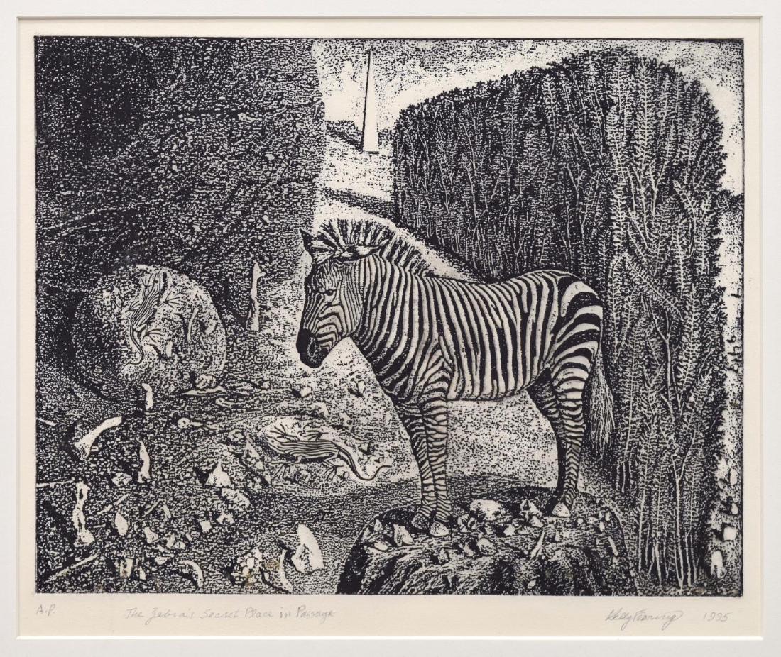 KELLY FEARING (1918-2011) A.P. ETCHING, ZEBRA: Framed intaglio etching, an artist proof, "The Zebra's Secret Place in Passage", pencil signed lower right Kelly Fearing (William Kelly Fearing, Arkansas, Texas, 1918-2011), dated 1995, A.P and title 